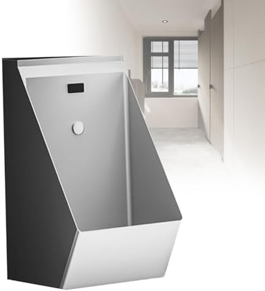Urinario de pared sin contacto de acero inoxidable con sensor de descarga automático, ideal para uso comercial en bares, hoteles, garajes y baños públicos