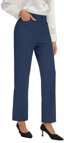 Desol Pantalones de traje de mujer elegantes pantalones largos de cintura alta pantalones rectos con bolsillos pierna ancha Lounge Palazzo Pantalones, azul marino, S