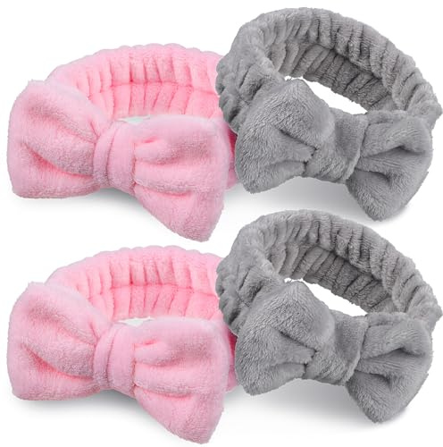 ARTSEWPLY Lot de 4 Bandeaux de Soin Peau pour Femmes, Taille Unique Extensible, Tissu Doux Confortable, Lavable, pour Maquillage Spa Sport Yoga, Coloris Gris et Rose Nœud Simple