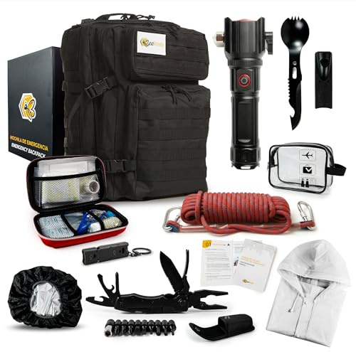 Bee Ready Kit Supervivencia Emergencia Completo – Mochila militar 45L, Linterna LED táctica, Botiquín de primeros auxilios, Cuchillo multiherramienta, Manta térmica– 25 piezas, 3 colores