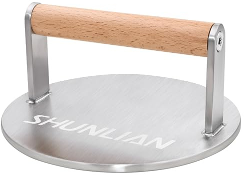 SHUNLIAN Stainless Steel Burger Smasher, 6 Inch Heavy Duty Grill Press with Wood Handle, 1.7 lb Solid Cooking Weight Press for Flat Top Griddle, Meat Press for BBQ, Fish, Chicken, Bacon & Steak