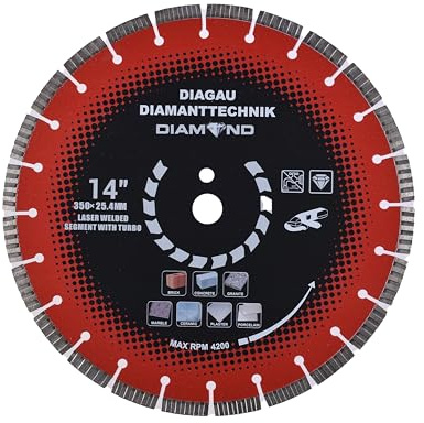 Diagau Diamanttechnik Disque à tronçonner diamanté 115-350 mm 10-12 mm segments turbo soudés au laser, pour béton, pierre, granit, alésage de 22,23-25,4 mm (DM350 mm segment 12 mm L 25,4)