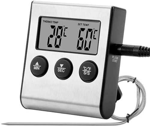 Digital kökstermometer, sond, timerfunktion, LCD-skärm för rökare, ugn, grill, grill, klocka, timer med temperatursensor i rostfritt stål