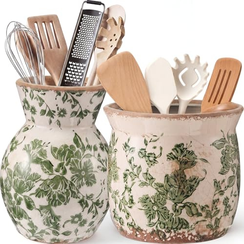 Ferrochef 2 Pack Green Floral Ceramic Utensil Holder 7.09 5.51 Vintage Rustic Utensil Crock for Kitchen Counter Farmhouse Crock Spatula Organizer for Home Kitchen Decor Housewarming Gift