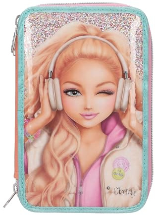 Depesche 14100 TOPModel Music – Estuche Relleno de 3 Compartimentos en Rosa, Albaricoque y Turquesa, con diseño de Modelo y Purpurina, Estuche con lápices de Colores, Tijeras, Regla UVM.