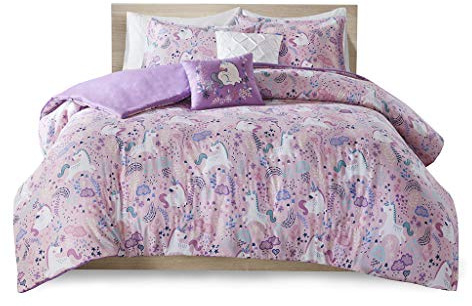 Intelligent Design Kids Cotton Duvet Set Vibrant Fun and Playful Print All Season Comforter Cover Matching Shams, Decorative Pillow, Children Bedding, Bedroom Décor, Full/Queen, Unicorn Pink 5 Piece