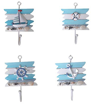 Amosfun 4 Stück Mediterrane Deko Haken Holz Wandbehang Haken FüR Badezimmer Wohnzimmer Handtuchhalter Und Kleiderhaken Mit Muschel Seestern Segelboot Design