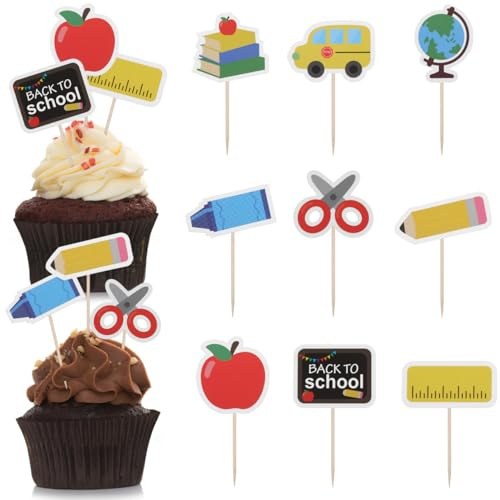Happyyami Back to School Cake Decoration Cupcake Toppers Flags 36Pcs | Pencil Ruler Book Design Cupcake Picks Party Dessert Toppers for Sweet Treats Teacher Appreciation Gathering Celebrations