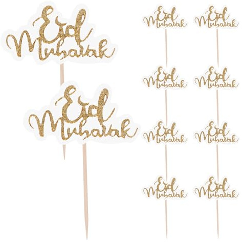 UPKOCH Eid Mubarak Cake Topper 4.92X1.18In Creative Plastic Dessert Picks for Lesser Bairam Party Cupcake Decoration 10Pcs Edible Cake Accessories