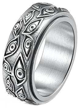 Mesnt Edelstahlringe Herren Set, 3D-Augen-Muster-Angst-Ring Silber Größe 65 (20.7)