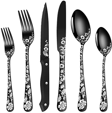 24-Piece Black Silverware Set with Steak Knife, Black Flatware Sets for 4, Stainless Steel Cutlery Set Includes Forks Knives Spoons,Unique Pattern Design，Mirror Polished and Dishwasher Safe