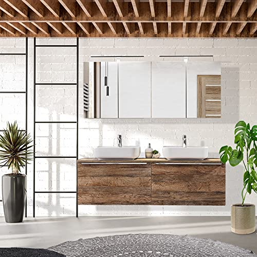 Lomadox Badmöbel Badezimmermöbel Set, Vintage Oak Eiche, Doppel-Waschtisch mit 160cm Unterschrank, 2 Keramik Waschbecken, 2 LED-Spiegelschränke