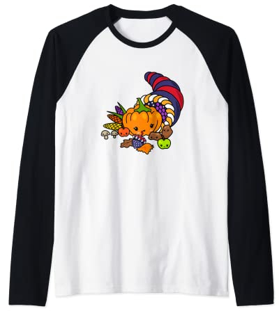 Cute Kawaii USA Patriotic Horn Thanksgiving Cornucopia Fruit Raglan Baseball Tee