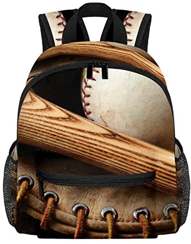 VAPOKF Leichter Schulrucksack, Kleinkind-Rucksack, kleine Reise-Schultertasche für Jungen, Mädchen, Kinder, alter Baseballschläger und Handschuh, altes Holz, multi, 25.4x10x30 CM/10x4x12 in