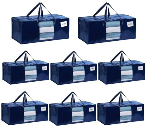 VENO 8er-Pack Umzugstaschen XXL (87 Liter) mit Sichtfenster,Aufbewahrungstasche mit Starken Griffen & Reißverschluss, Faltbare Alternative zu Umzugskartons für Kleidung & Bettwäsche (Blau)