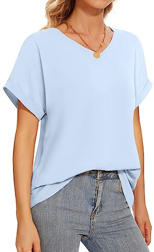 Bestbee Womens Dressy Chiffon Blouses 2026 Summer Short Sleeve Shirts Casual T-Shirts V Neck Flowy Tunic Tops Lightweight, Light Blue, L