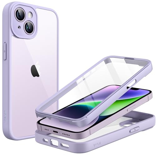 JETech Case for iPhone 14 6.1-Inch with Built-in Tempered Glass Screen Protector, Camera Full Cover All-Around Protection, Shockproof Bumper Phone Cover Clear Back, HD Film (Light Purple)