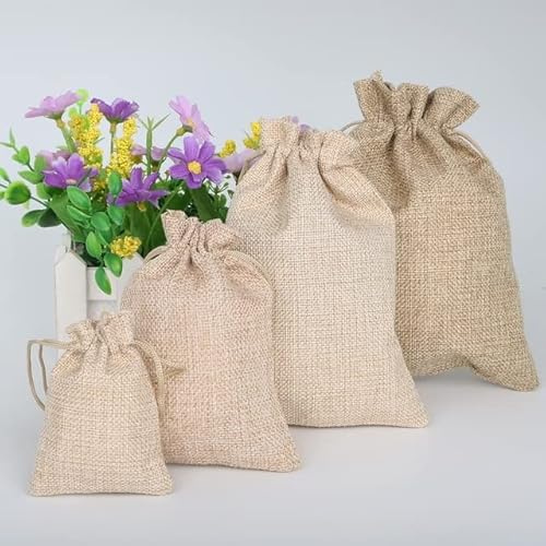 50 pcs Style Vintage Couleur Faite à la Main Naturel Toile de Jute Lin Bijoux Pochette de Rangement de Voyage Mini Bonbons Jute Sacs d'Emballage pour Sac Cadeau-Kaki, 15x20cm lin