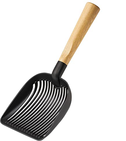 Yangbaga Katzenstreuschaufel mit Holzgriff, Metall Streuschaufel für Haustier mit bequemen Gummigriff (30cm, Beige)