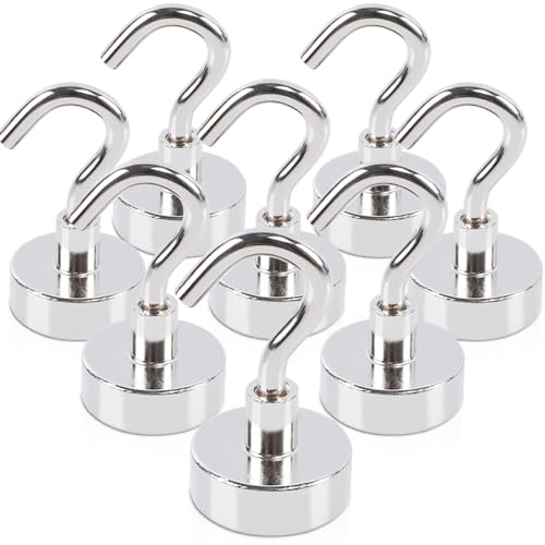FPMYB 8 Stück Magnethaken Extra Stark 15 kg, Magnet Haken Neodym Magnethaken 20mm Magnethaken, stanzfrei, für Eisentüren, Kühlschränke, Küche, Grill BBQ, Kleiderständer, Schrank, Basteln, Büro