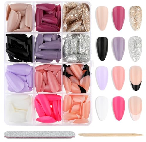 Andibro Lot de 288 ongles artificiels à coller, formes d'amande, longueur moyenne, acrylique, plastique, couverture complète, lime incluse, pour carnaval et fête