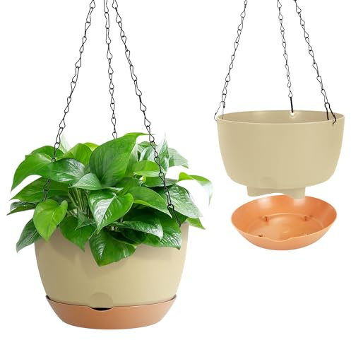 Kunjocy Pack of 2 Hanging Plant Pot, 20CM Diameter Hanging Planters Set 8 Inches Hanging Planters with Chain Hook Garden Hanging Basket for Home Garden Indoor Outdoor (Beige, 20cm)