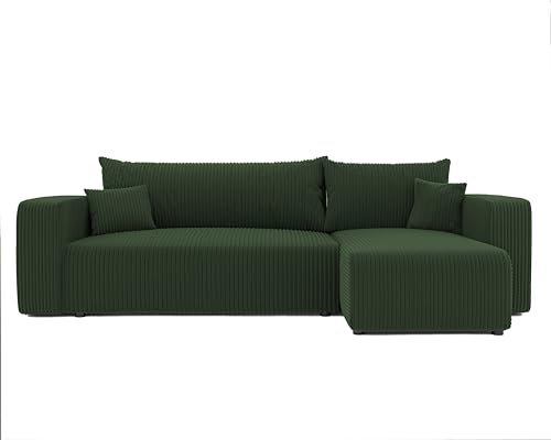 Ecksofa mit Schlaffunktion und Bettkasten 248 x 145 cm Grün | 248 x 145 x 79 cm, Kiefernholz und MDF, Hoher Sitzkomfort, Wohnen und Schlafen, Integrierter Bettkasten