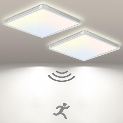 slochi 2 Stück LED Deckenleuchte mit Bewegungsmelder Innen Radar, 3000K/4000K/6500K, 15W Deckenlampe mit Bewegungssensor, 18CM Sensor Lampe für Flur Wand Treppe Küche Balkon Abstellraum