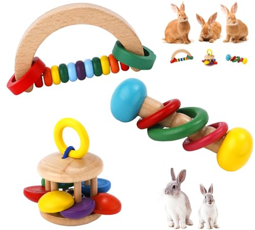 XIHIRCD Jouets en Bois pour Lapin, Jouets Sûrs pour Lapin Jouets Hochets en Bois Jouets pour Cochons d'Inde Résistants aux Morsures pour Chinchillas Hamsters Petits Animaux Jeu Grincement des Dents