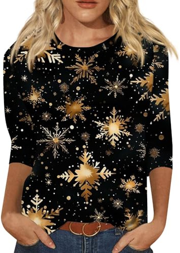 Weihnachts Shirt Damen Rundhals 3/4 Arm Tshirt | Weihnachts 3/4 Ärmel Oversized T Shirt Arbeits Cute T-Shirts Rundhals Weihnachtsmann Weihnachtsshirt