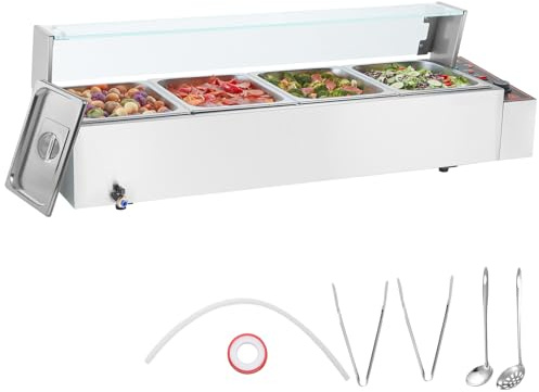 VEVOR Scaldavivande Commerciale a 4 Vaschette, Tavolo Elettrico a Vapore 4 x 7,57 L, Coperchio in Vetro, Bagnomaria Buffet in Acciaio Inox 1500 W, Controllo Temperatura 30-85°C per Catering, Argento