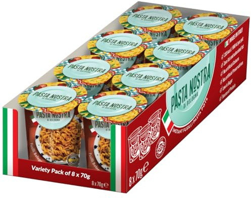 Pasta Nostra 8x70g | Instant Pasta Pots | Carbonara-2, Bolognese-2, Cheese & Pepper-2, Arrabbiata-01, Tomato & Mozzarella-1 | Just Add Water Meals | Healthier Alternative to Pot Noodle