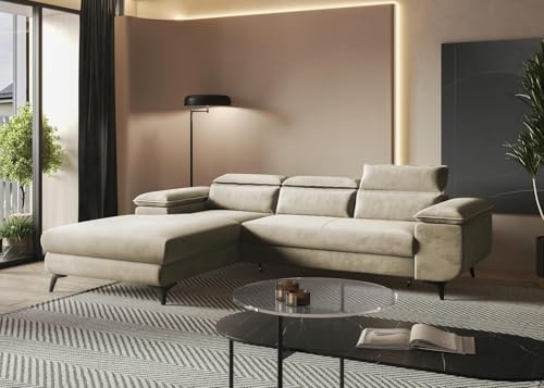 MODERNO Ecksofa mit Schlaffunktion Flat - Modern Sofa 3 Sitzen mit klappbare Kopfstützen - Schlafcouch L-Form mit Metallfüße 205x276x94 cm - Ecke Links Beige