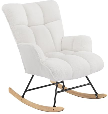 Aunekiv Rocking Chair for Nursery, Teddy Upholstered Glider Nursing Chair for Adults, Comfy Rocking Armchair Indoor for Living Room Bedroom, White