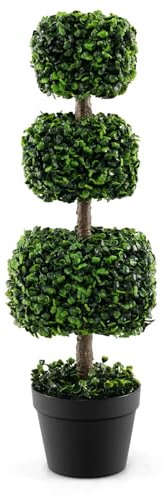 RELAX4LIFE Arbre Artificiel Topiaire avec 3 Boules 75CM, Pot Inclus Style Réaliste Feuilles Protection UV, Buis 3 Boules Rempli de Ciment, Décoration pour Interieur Exterieur Véranda Salon Entrée