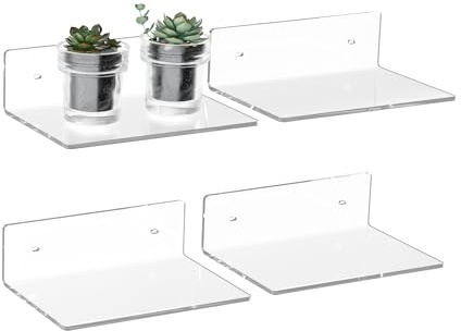 Hexsonhoma 23cm klare Wandregale, Acryl kleine schwimmende Regal, Home Wall Display Regal für die Lagerung, Raum Dekor, Platzeinsparung, Gegenstände Organizer, Badezimmer Organizer, 4 Packung