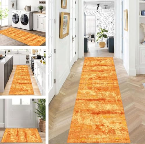 ZUZEKU Abstrakte Läufer Flur Küche Waschbar rutschfest 80X300cm Vintage Lang Orange Küchenteppich Flurteppich Teppich Fur Korridor Wohnzimmer Schlafzimmer Meterware Anpassbar