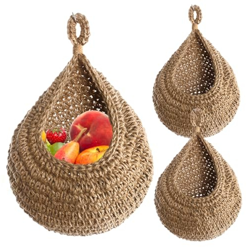 Hanging Basket, 3Pcs 7.5x9.8 Cotton & Linen Woven Hanging Storage Basket with Loop Storage Net Bag for Fruits, Vegetables in Kitchen