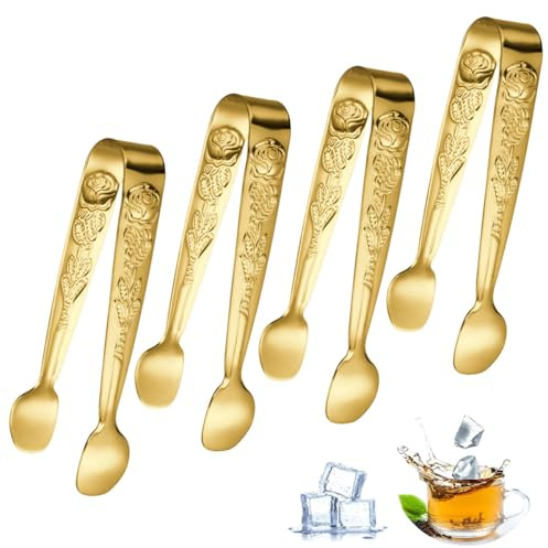 SamHeng 4 Pezzi Pinze di Ghiaccio in Acciaio Inox, 11cm Mini Pinze da Servire Pinza di Zucchero Fiore di Rosa in Rilievo Pinze Dolci per Antipasti Torta Dessert Buffet Cucina Secchiello da Bar (Oro)