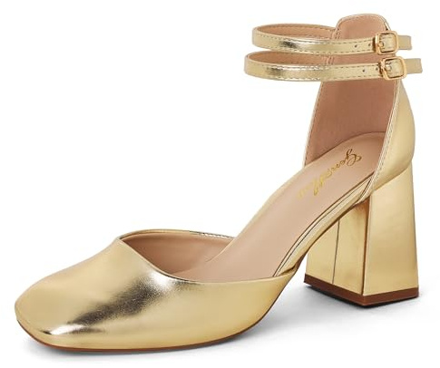 GENSHUO Zapatos de Tacón Grueso para Mujer, Doble Correa al Tobillo, Punta Cuadrada, Tacones Elegantes y Cómodos para Vestimenta Formal