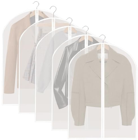 5 Pezzi Copriabiti Antipolvere 60 x 80 cm, PEVA Lavabile Custodia Abiti con Cerniera, Appesi, Copriabiti Trasparenti, Copri Vestiti Armadio per Giacca, Camicie, Gonne, Resistenti e Riutilizzabili