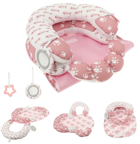 3-in-1 Tummy Time Mat and Seated Pillow for Baby, Sit Me Up Floor Seat with Detachable Support Pillow to Prevent Reflux, Portable Baby Tummy Time Pillows for Newborn Boys and Girls(Pink kitten)