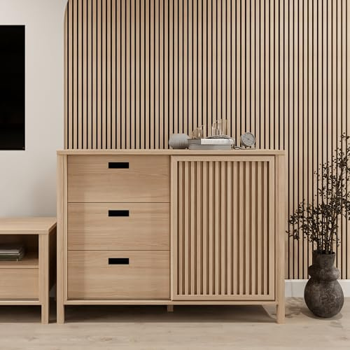 Forte JYTANA Sideboard 120, skandinavisches Sideboard mit 3 Schubladen und Schranktür, Riva Eiche Holzdekor, 119,8 cm breit x 91,5 cm hoch x 40,2 cm tief