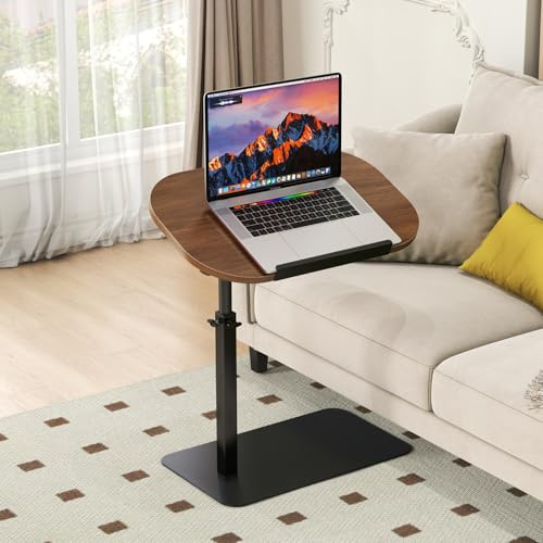 Massivholz Beistelltisch C Form Höhenverstellbar, Kleiner Couch Beistelltisch 360° Drehbar, Holz Laptoptisch Beistelltisch für Sofa/Bett, Wohnzimmer Sofatisch Laptop Tisch Metallbasis (Nussbaum)