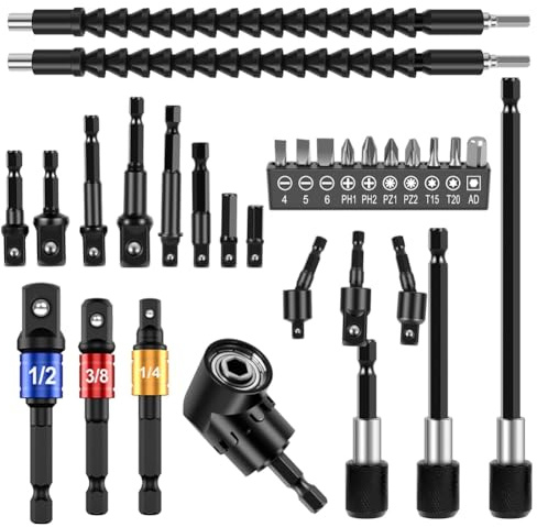 Agwuoetr 30Pcs Flexible Drill Bit Extension Kit Replacement Accessories Right Angle Drill Attachmen,Rotatable Socket Adapter,Bendable Extender Drill Bit