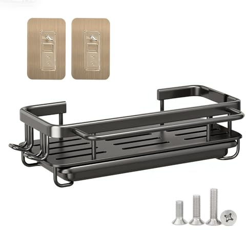 Dulynva Spülbecken Organizer, Spülbecken Organizer Küchen, mit Spültuchhalter und Zwei Haken, Abnehmbare Abtropfschale, Schwarz