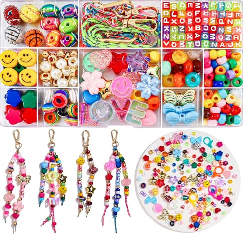 HolidayQbee Schmuckherstellungs-Set für DIY Schlüsselanhänger & Taschenanhänger – Bunte Perlen, Smiley, Sterne & Buchstaben Geschenk für Kinder, Jugendliche Damen Schlüsselanhänger, Bag Charms