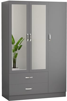 Nera 3 Door Wardrobe with Drawers Mirror Shelves and Hanging Rail Tall Wardrobes for Bedrooms Storage (Grey)