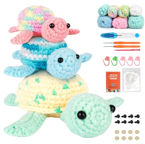 Gobesty 3 Stück Häkelset für Anfänger, Tiere Tricken für Anfänger Set, Schildkröte Crochet Set, Häkel Set mit Schritt für Schritt Video Häkelnadel Garn DIY Häkel Zubehör, Häckel Kit für Erwachsene