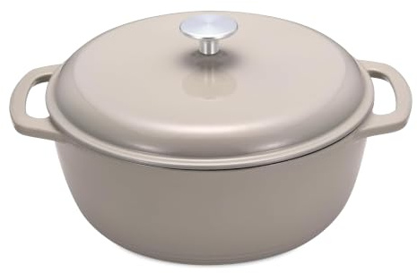 Amazon Basics Casseruola Rotonda in Ghisa Smaltata con Coperchio, 5,7 L, Grigio Lino